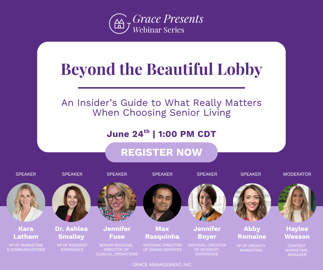 Promotional webinar banner for Grace Presents: 'Beyond the Beautiful Lobby' with date June 24, 1:00 PM CDT and a prominent 'Register Now' button; features headshots of seven speakers with names and titles on a purple background.