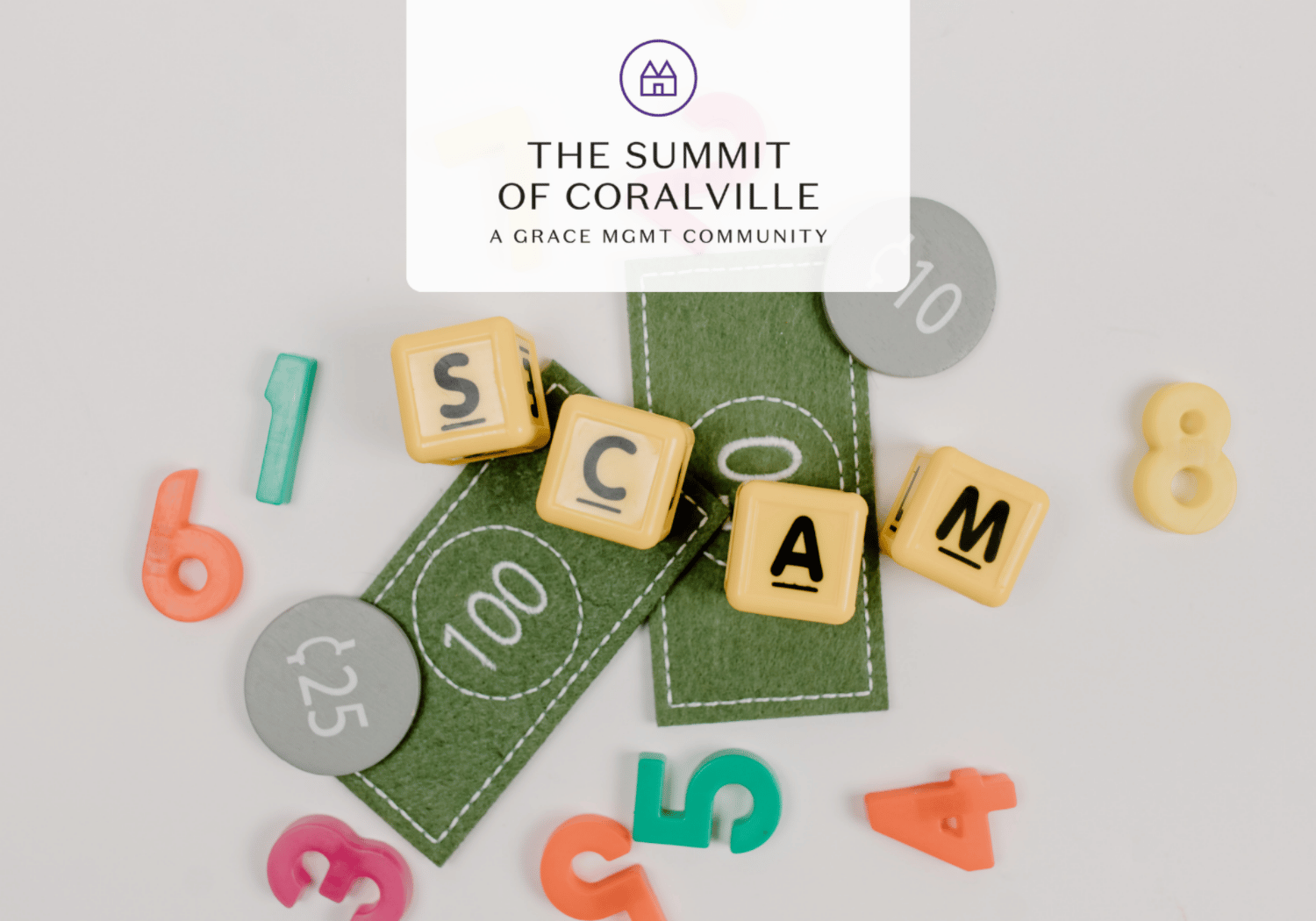 White promo card with a purple circular logo and the text 'The Summit of Coralville' resting over a flat lay of kids' math toys and blocks.