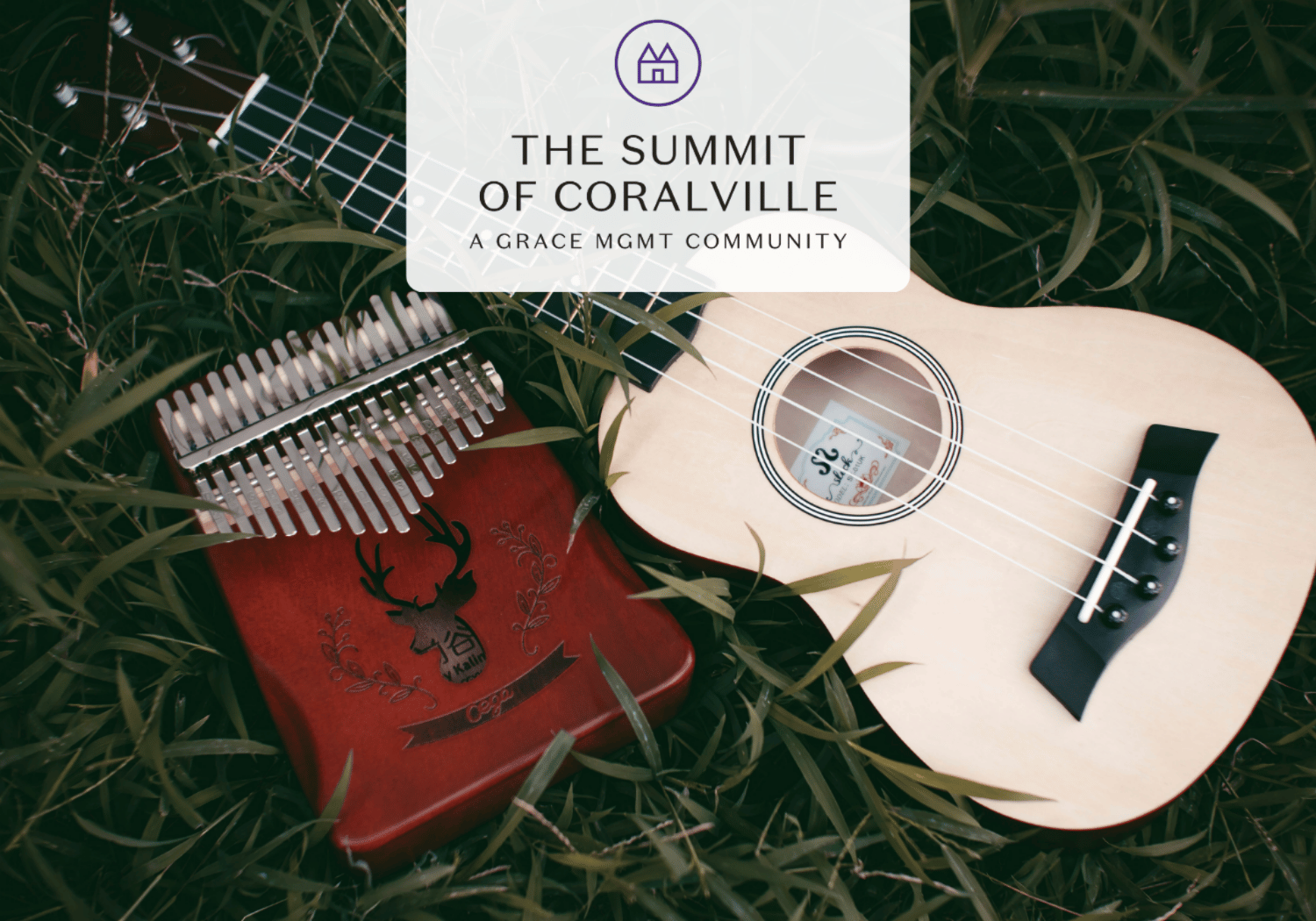 Guitar and a red wooden instrument lie in tall grass under a translucent banner reading The Summit of Coralville.